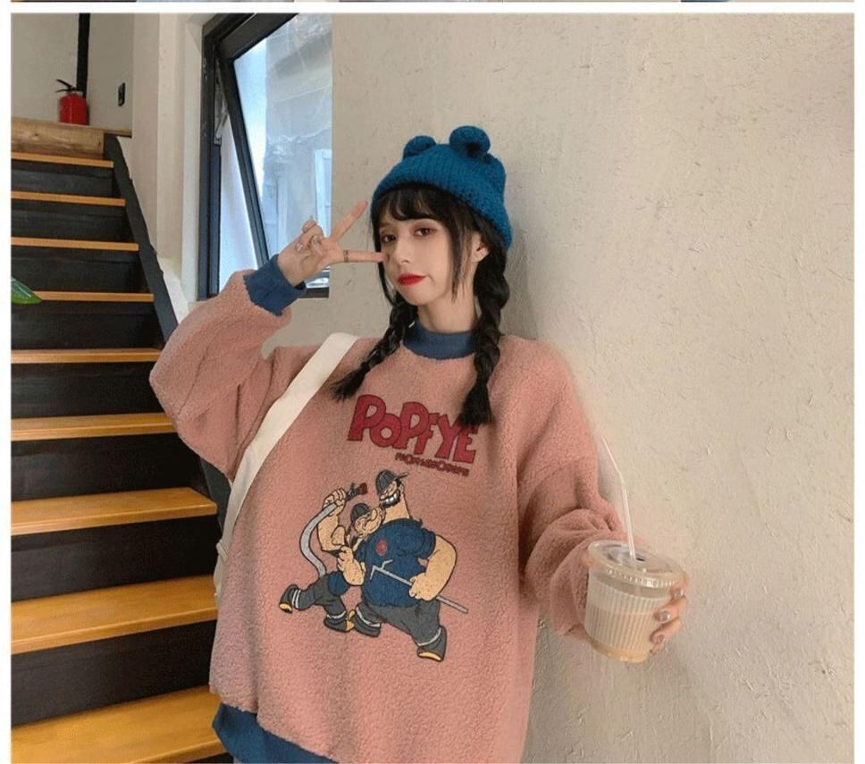 韓国系ふわふわグラフィックロゴボアスウェットトップス全2色F-4208