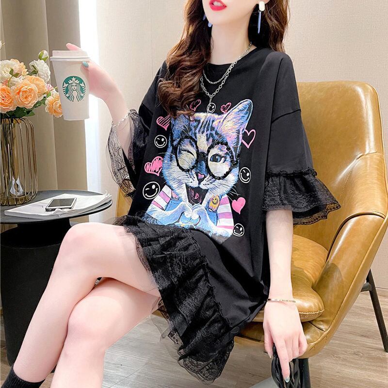 話題沸騰中 ゆったり キュート ロング丈 切り替え 2色半袖Tシャツ＜F-8133＞