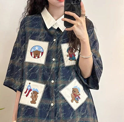 大活躍 刺繍 特別デザイン チェック柄 2色選択 半袖シャツ＜F-8881＞