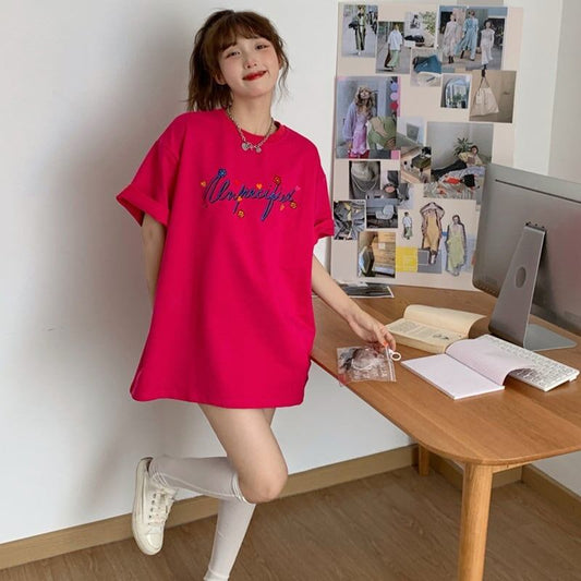 質感のいい アルファベット 刺?ロゴ Tシャツ ローズ ゆったり半袖＜F-2967＞