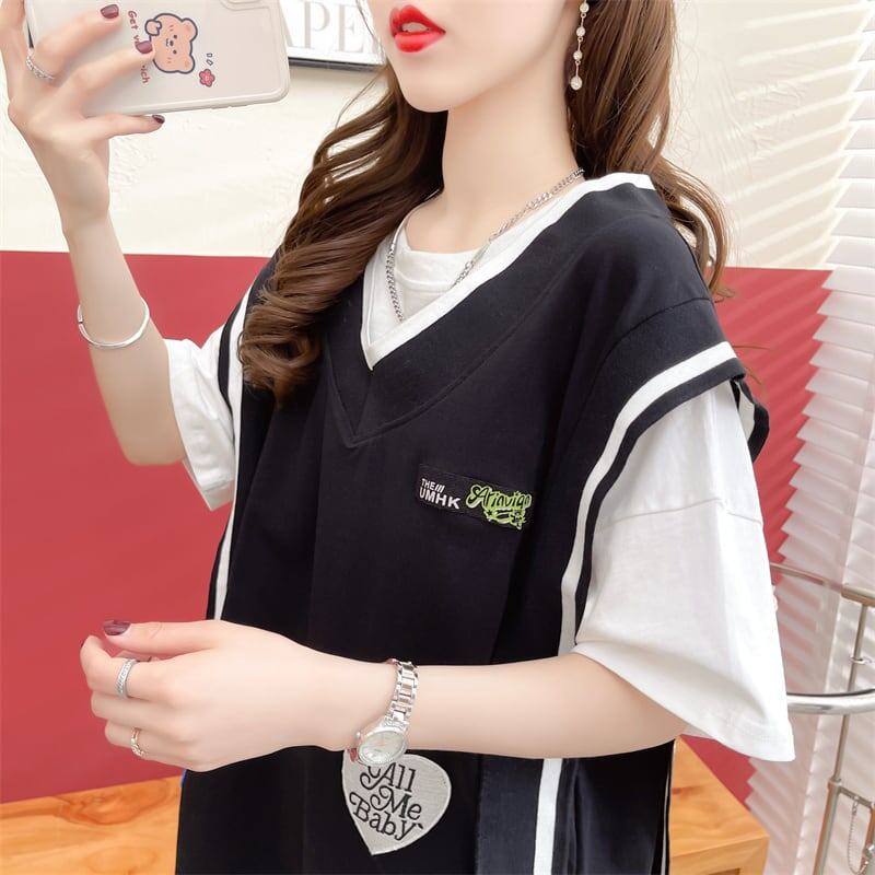 おすすめ アバンギャル 大活躍 ドレイヤード風 切り替え 全2色 半袖TシャツF-8752