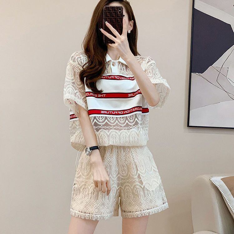 新商品 上品 着心地良い カジュアル 透かし彫り 半袖 Tシャツ ショートパンツ セットアップ ＜F-8785＞