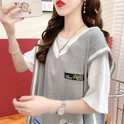 おすすめ アバンギャル 大活躍 ドレイヤード風 切り替え 全2色 半袖TシャツF-8752
