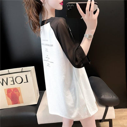 好感度満載 切り替え 美感いっぱい プリント Tシャツ カットソー＜F-3479＞