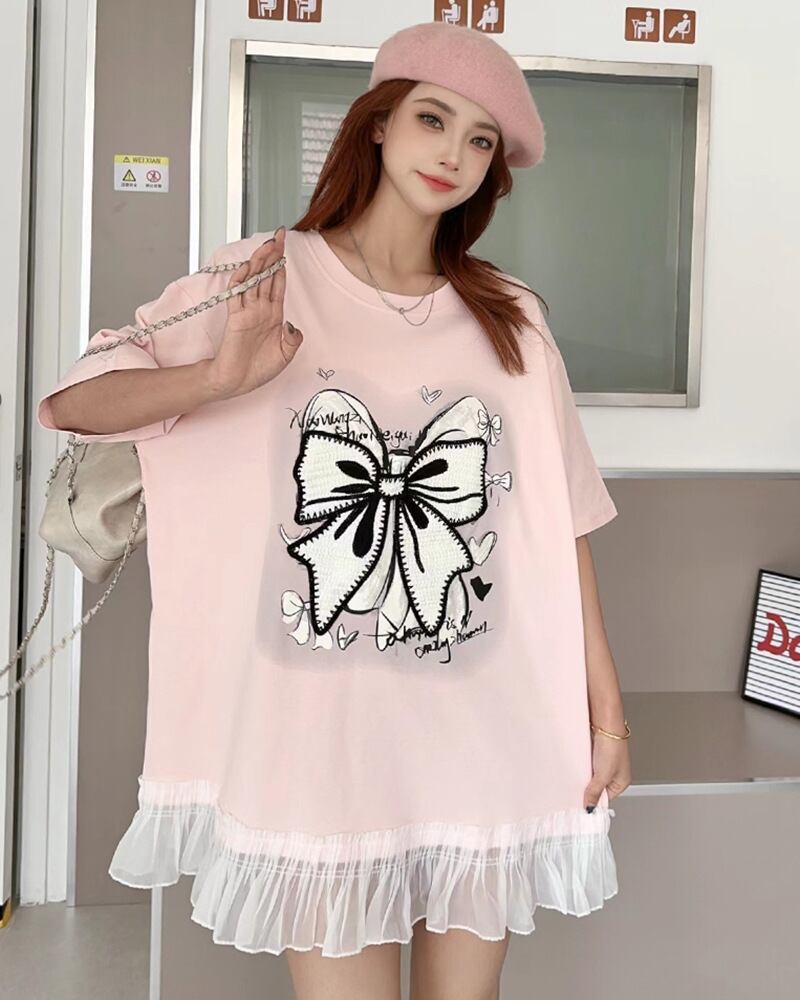 今季マストバイ プリントゆったり 切り替え 半袖Tシャツ 全4色＜F-8256＞