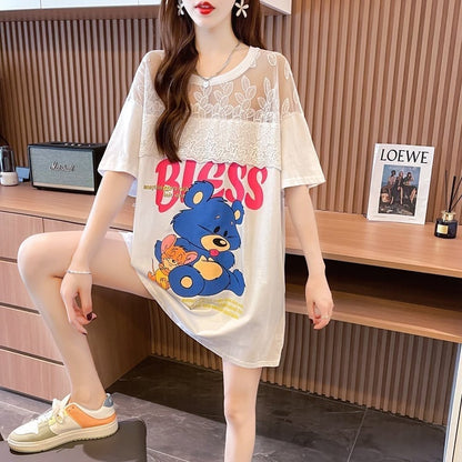 ファッションデザインレースミドル丈半袖Tシャツ<F-3017>