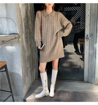 優しい雰囲気   折り襟ゆったりニットワンピース全2色