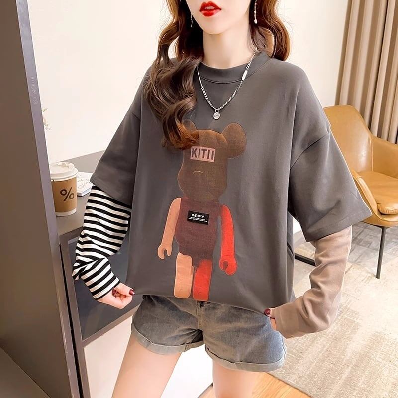 可愛いクマちゃんプリント   ストライプ柄