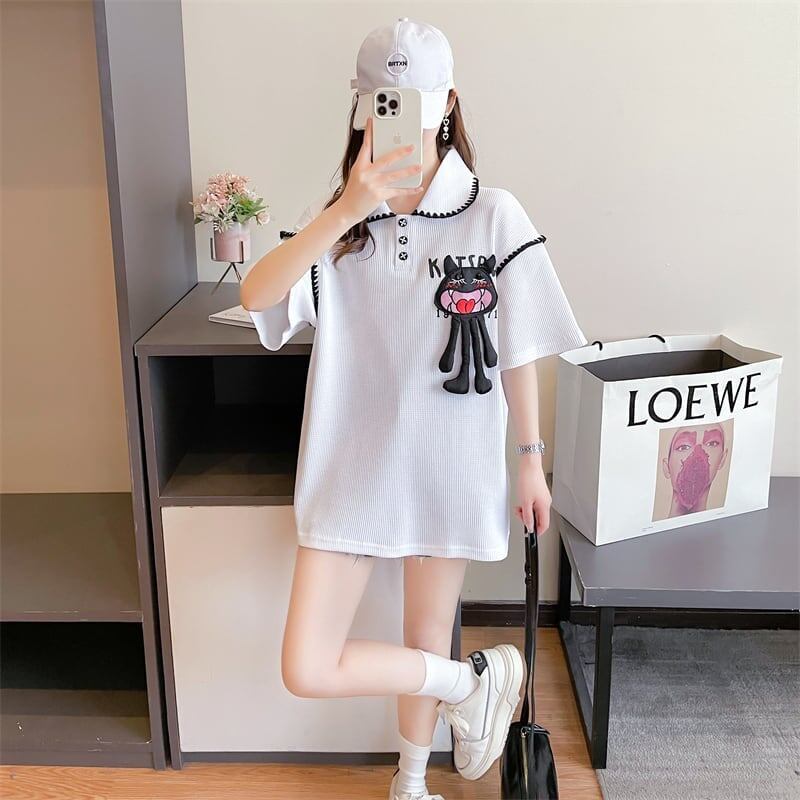 美人度アップ   ワッフル ロング Tシャツ ゆったり半袖 ＜F-2930＞