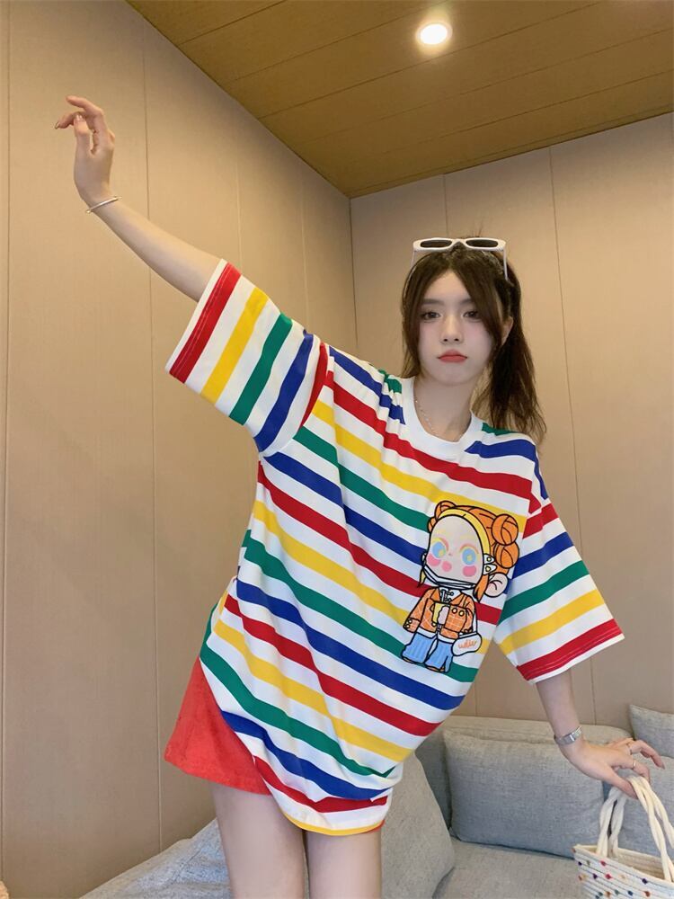 売り切れ必至 トレンドアイテム 存在感抜群 ストライプ柄 半袖TシャツF-9270