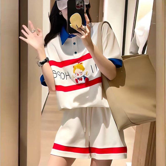 数量限定 プリント切り替え カジュアル 半袖Ｔシャツⅹパンツセット全2色 <F-8665>