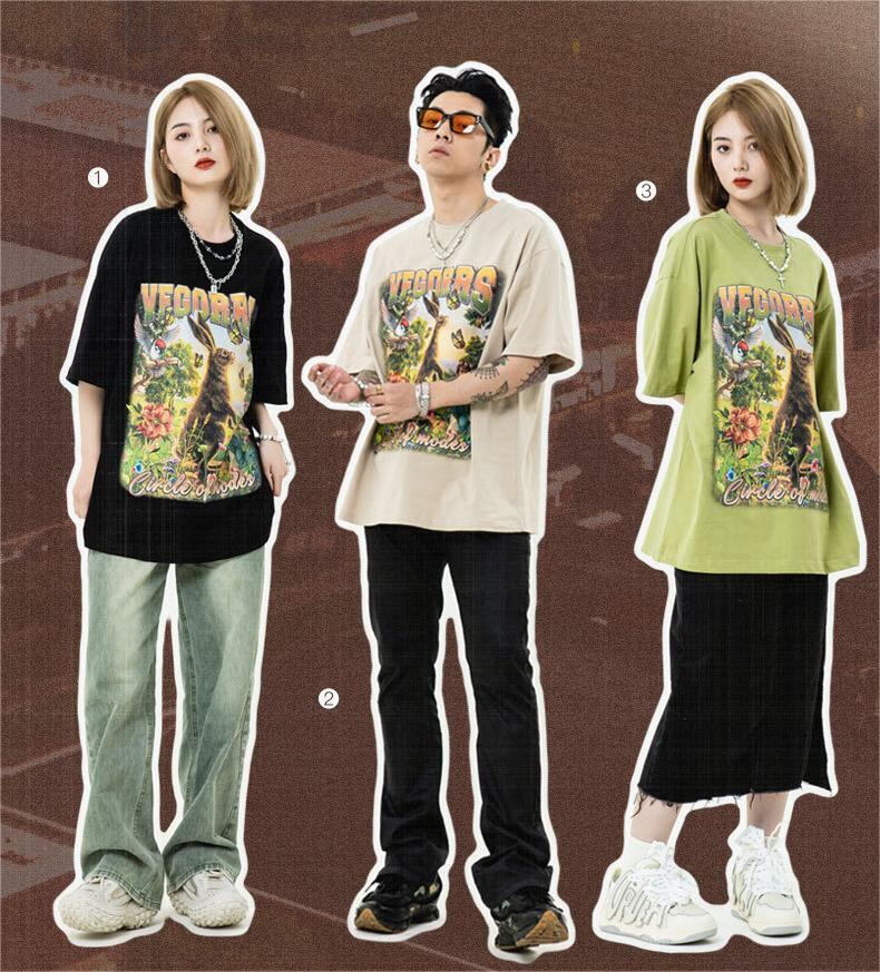 アメリカンレトロ絵画ウサギ半袖Tシャツカップル男女同スタイル<F-2910>