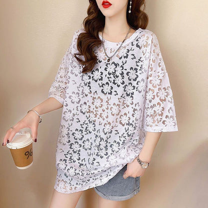 好感度UP ファッション カジュアル 透かし彫り 半袖Tシャツ<F-8458>
