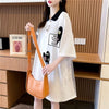 POLOネック 切り替え ストライプ柄 ロング Tシャツ ゆったりワンピース ＜F-3031＞
