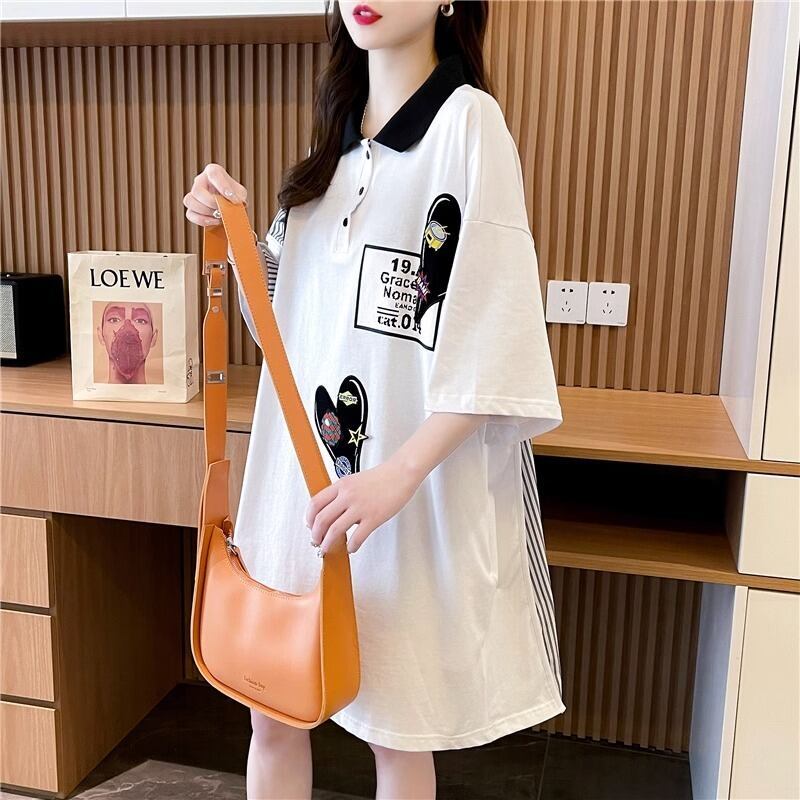POLOネック 切り替え ストライプ柄 ロング Tシャツ ゆったりワンピース ＜F-3031＞