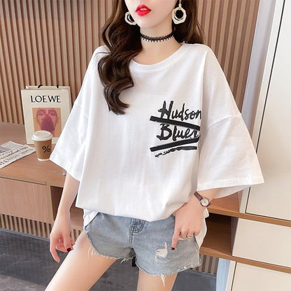 【人気商品再入荷！】   デザイン個性ゆったりミドル丈半袖Tシャツ<F-3036>