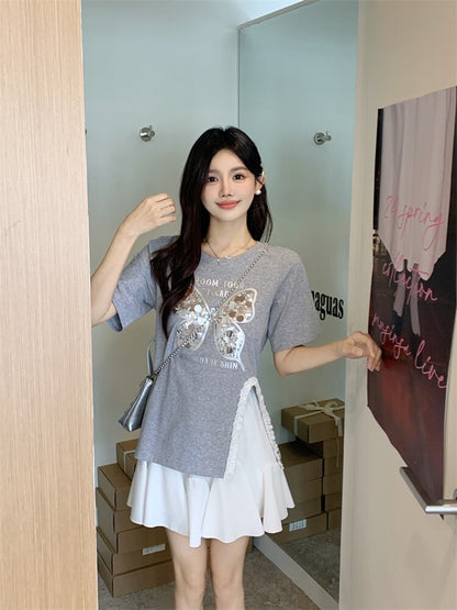 絶対欲しい キュート 超人気 ピンク プリント スパンコール 3色選択 半袖Tシャツ＜F-8570＞