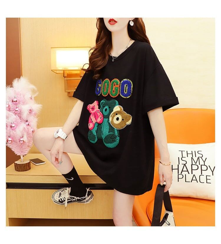 重工業スパンコール外国風おしゃれ植毛刺繍クマ半袖Tシャツ<F-2911>