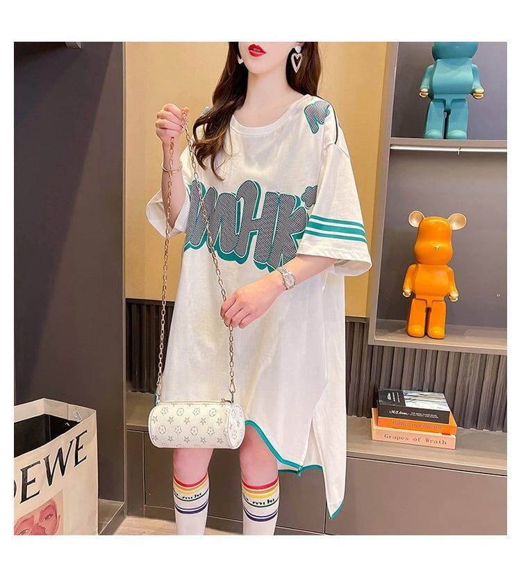 おしゃれ度アップ アルファベット フィッシュテール プリントTシャツ ゆったり半袖＜F-3012＞
