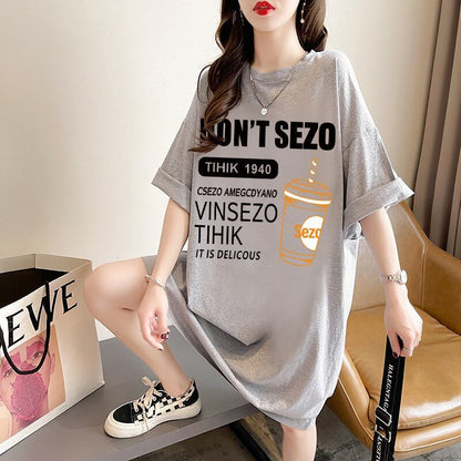 快適 ラウンドネック カジュアル 半袖 Tシャツ ワンピース＜F-8634＞