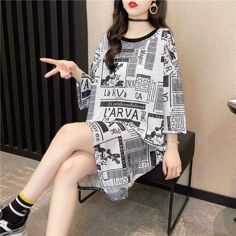 オシャレ度満点 プリント 一目惚れ 切り替え ワンピース Tシャツ カットソー＜F-3122＞
