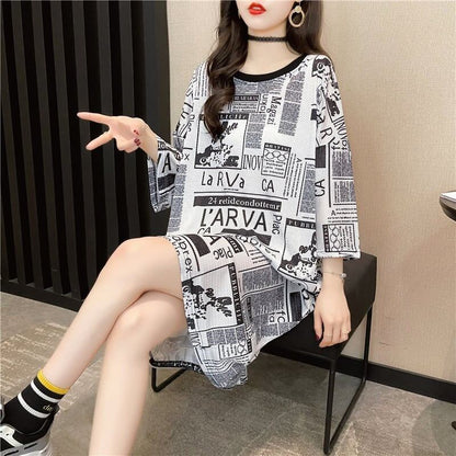 オシャレ度満点 プリント 一目惚れ 切り替え ワンピース Tシャツ カットソー＜F-3122＞