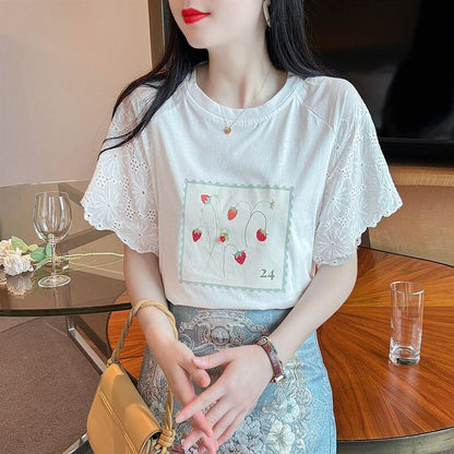 大好評 レース 上質 刺繍 切り替え 全2色 半袖Tシャツ＜F-8869＞