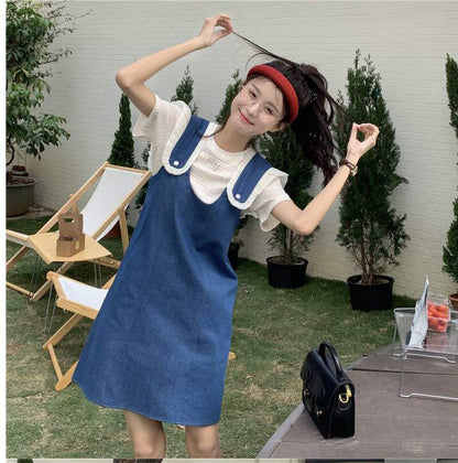美人度アップ デニム 大人可愛い 全2色 半袖Tシャツ+サスペンダースカート セットF-8782