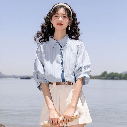 好感度UP 上質 美人度アップ 知的 ストライプ柄 3色選択 半袖シャツ＜F-9047＞
