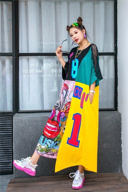 【人気商品再入荷】見逃し厳禁 イレギュラー カラーマッチング 切り替え プリント ロング ゆったり ワンピース＜F-4005＞