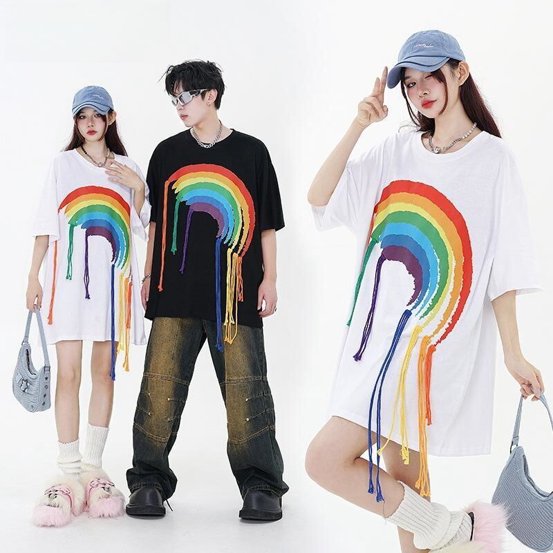 好感度UP 虹ロゴ タッセル ゆったり Tシャツ 全2色 ユニセックス半袖F-4863