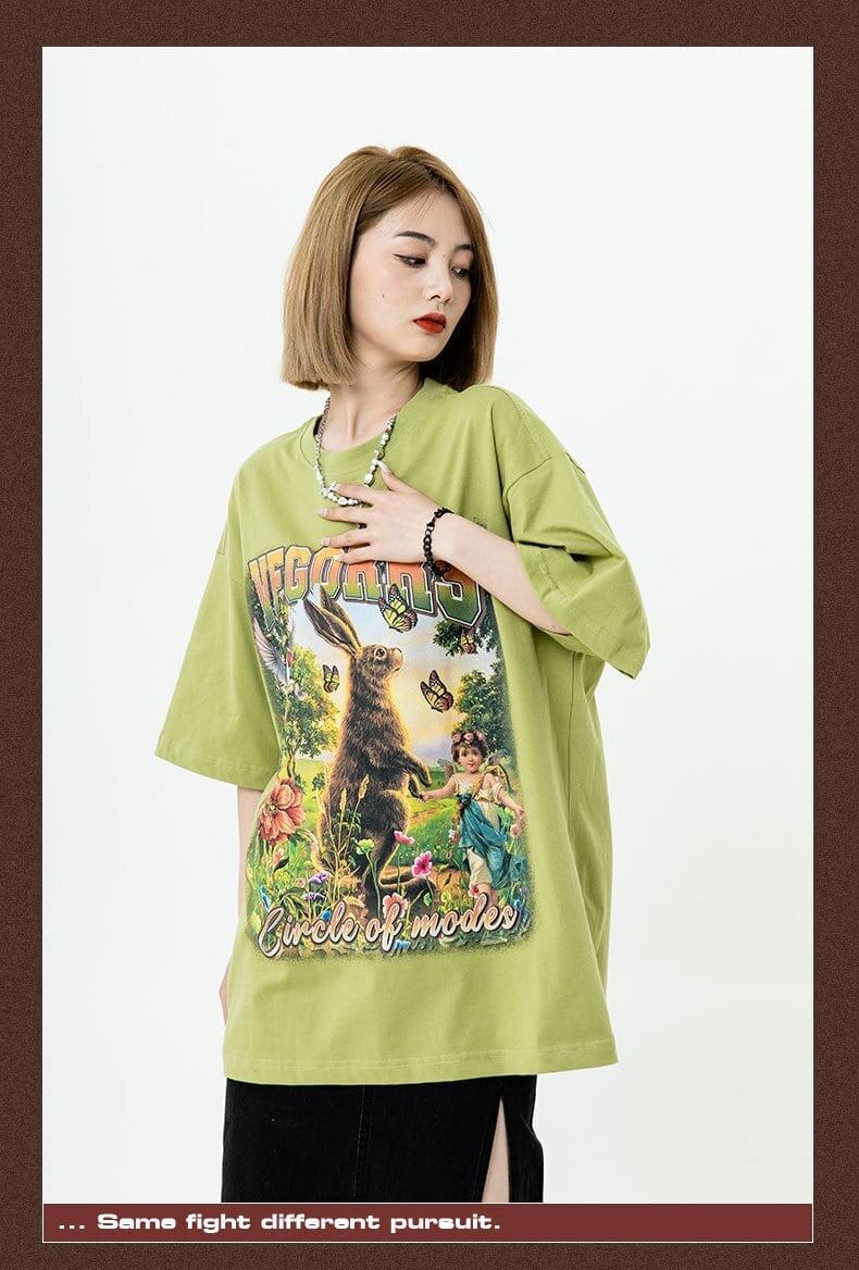 アメリカンレトロ絵画ウサギ半袖Tシャツカップル男女同スタイル<F-2910>
