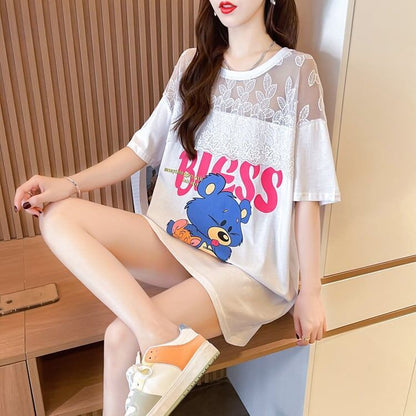 ファッションデザインレースミドル丈半袖Tシャツ<F-3017>