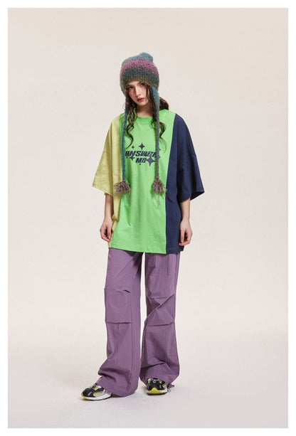 タイドブランドデザインセンス配色レトロプリントコットンTシャツ<F-2899>
