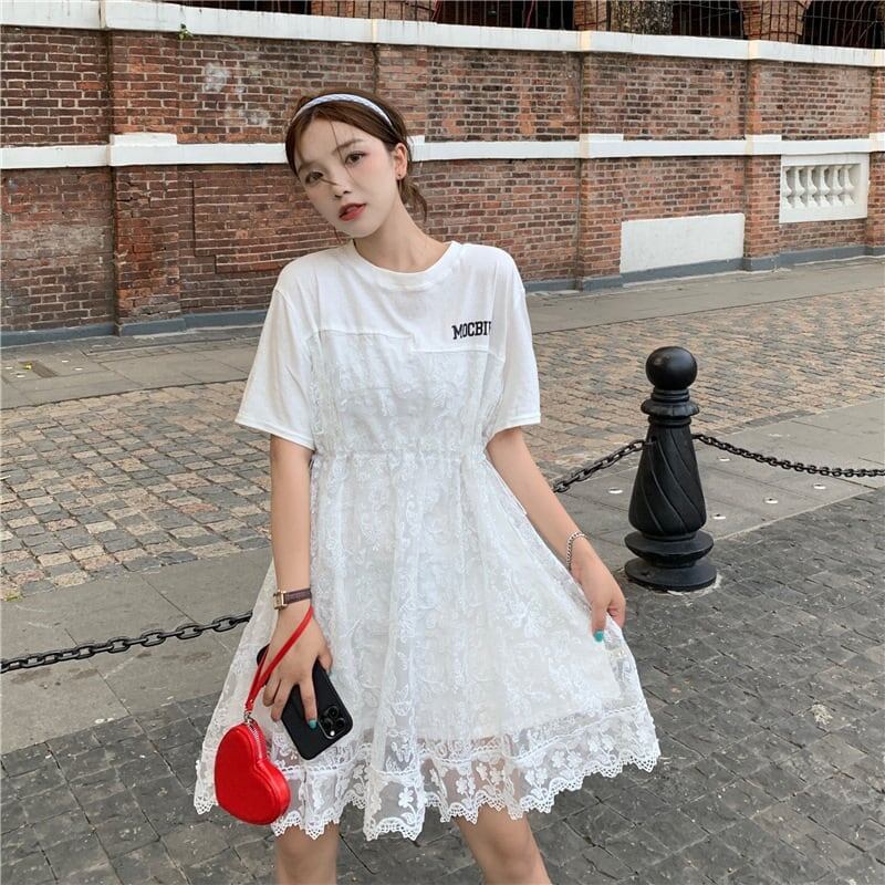 売れ筋   レース 膝丈 半袖 Tシャツワンピース ＜F-1953＞