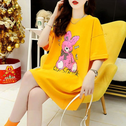 背中開きルーズオールマッチミドル丈ラウンドネック半袖Tシャツ<F-3027>