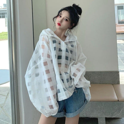 大人気 チェック柄 ゆったり 日焼け対策 UVカット 冷房対策 着?せ 長袖 フード付き シャツ ＜F-1910＞