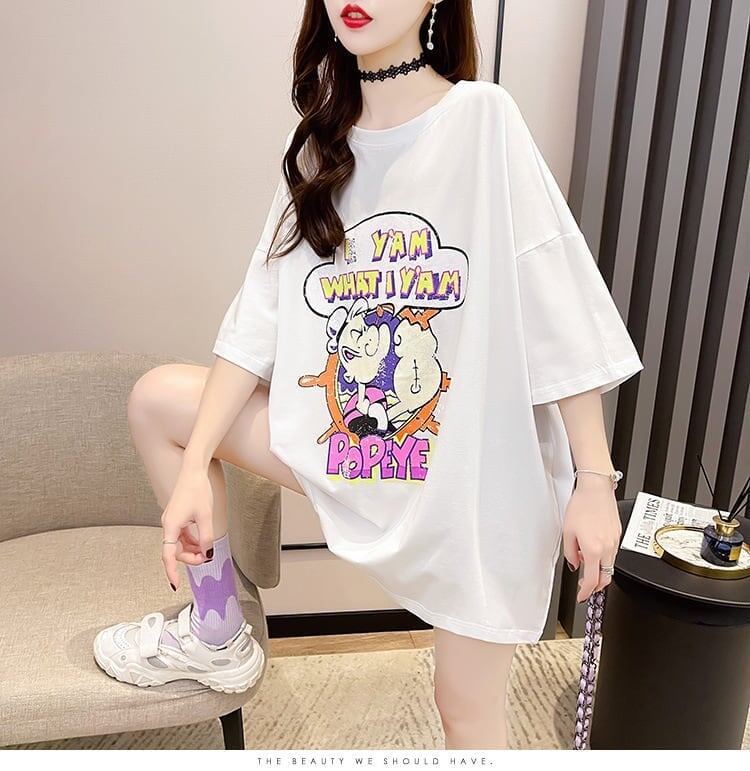 【半額！期間限定！！】グラフィック   透かし彫り Tシャツ ゆったりワンピース ＜F-4021＞