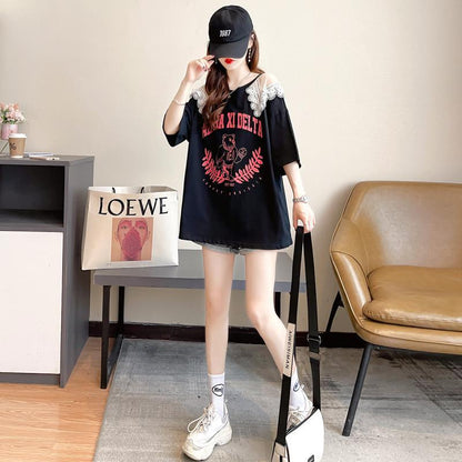 数量限定 ラウンドネック アバンギャルド レース 切り替え プリント全2色 半袖Tシャツ<F-8724>