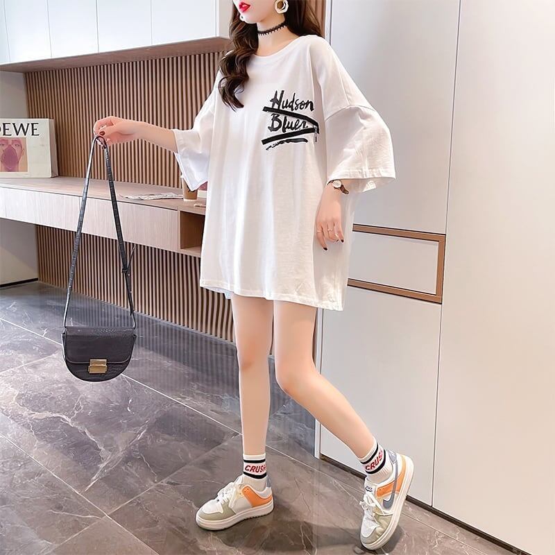 【人気商品再入荷！】   デザイン個性ゆったりミドル丈半袖Tシャツ<F-3036>