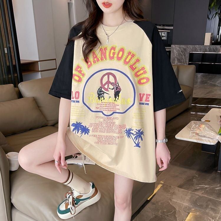 夏新作   プリント ラグランTシャツ 三色 ゆったりワンピース ＜F-4003＞