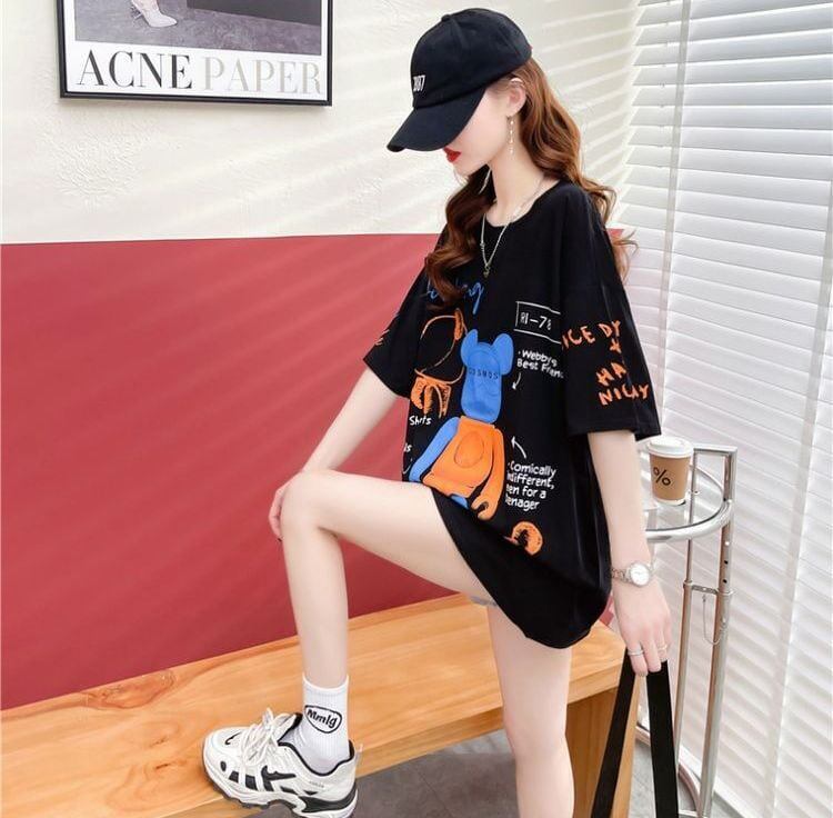 【個性派】 プリント カジュアル ビッグロゴ ゆったりトップス 半袖Tシャツ 全2色＜F-4940＞