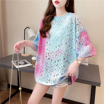 オシャレ度満点 ラウンドネック スタイリッシュ 透かし彫り Tシャツ カットソー＜F-2957＞