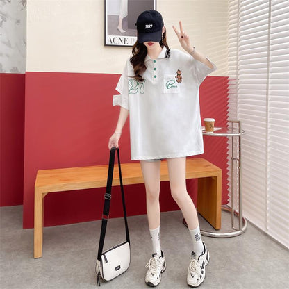 POLOネック   ベアー ロング Tシャツ 三色 ゆったりワンピース＜F-3991＞