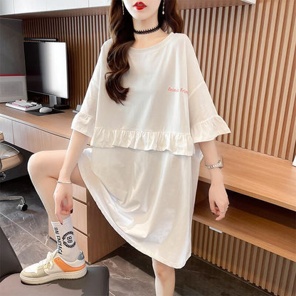 【半額！期間限定！！】合わせやすい 切り替え フリル プリント Tシャツ ゆったりワンピース＜F-3008＞