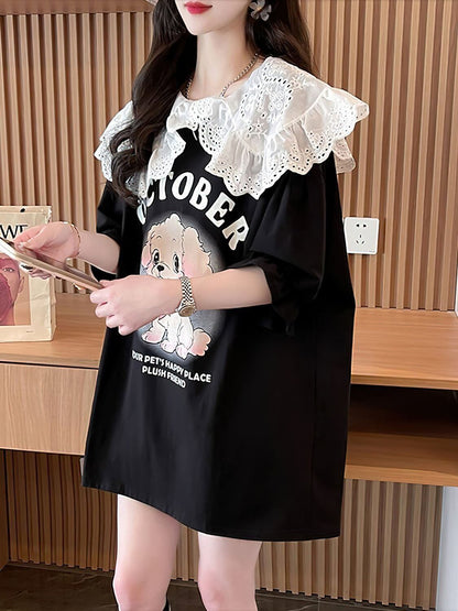 絶対流行 切り替え キュートプリント ゆったり 5分袖 Tシャツ＜F-8474＞