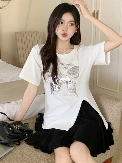 絶対欲しい キュート 超人気 ピンク プリント スパンコール 3色選択 半袖Tシャツ＜F-8570＞