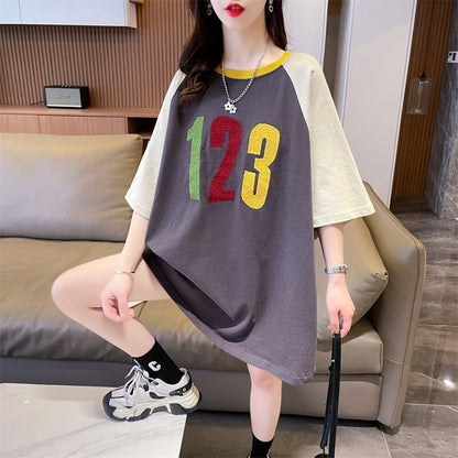 絶対欲しい カラーマッチング 数字刺? ロング Tシャツ ゆったり 半袖 ＜F-2896＞