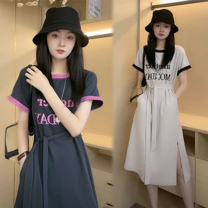 売り切れ必至 簡潔 上質 半袖Tシャツワンピース<F-8288>