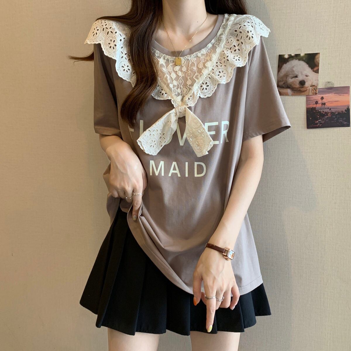 超人気 レース スウィート 切り替え プリント 3色選択 半袖Tシャツ＜F-8825＞